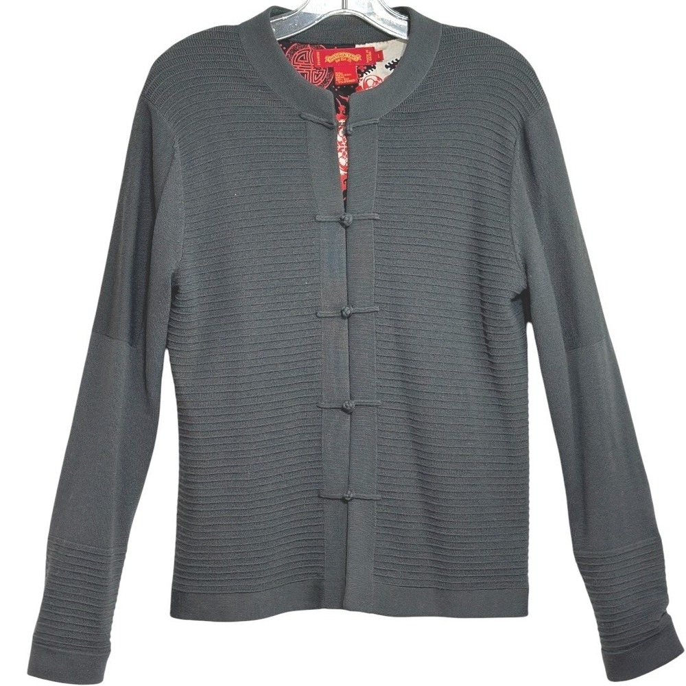 Shanghai Tang Cardigan Women Gray Wool Silk Lined Frog Button Asian Fusion  L